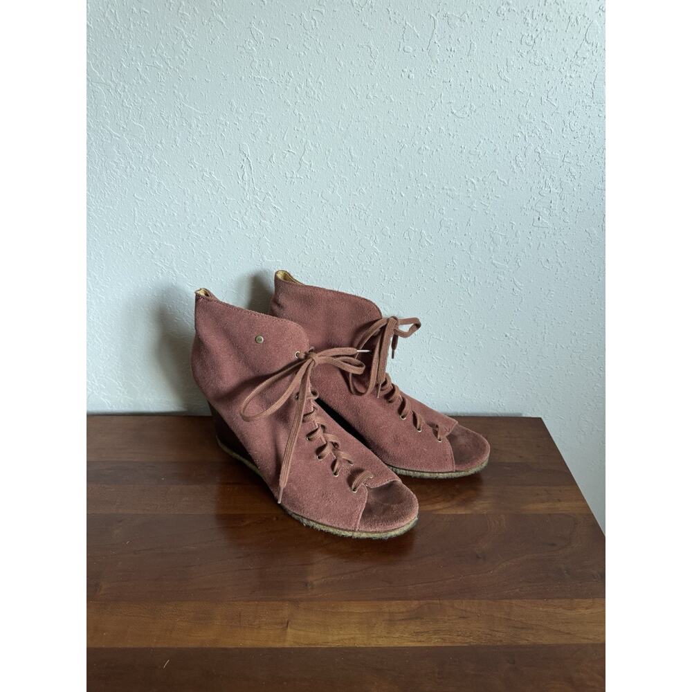 UGG Elyse Red Suede Leather Lace Up Peep Toe Ankle Boot Womens 9 Fall Harvest